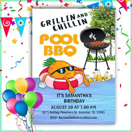 Grillin en Chillin BBQ Birthday Pool Party Invita Kaart