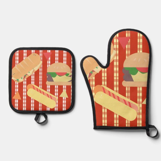 Grilling Party Hamburger Hotdog Sub Birthday Party Ovenwant & Pannenlap Set (Voorkant)