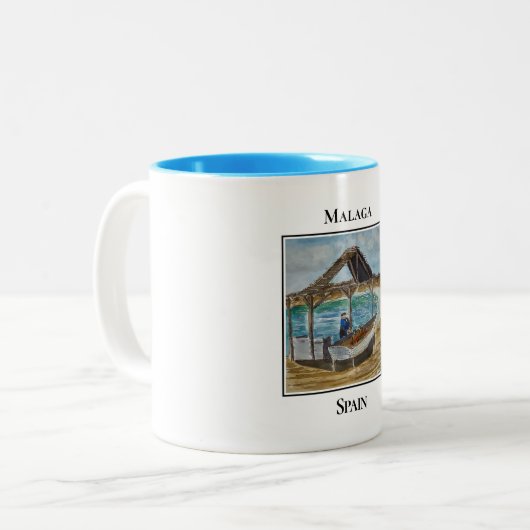 Grilling Sardines, Malaga, Spain Tweekleurige Koffiemok (Voorkant links)