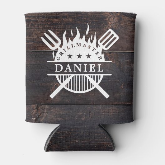 Grillmaster BBQ Rustiek Donker Hout Print Blikjeskoeler (Voorkant)