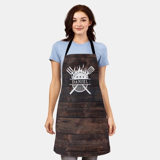 Grillmaster BBQ Rustiek Donker Hout Print Schort (Gedragen)