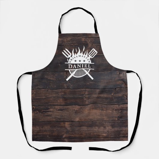 Grillmaster BBQ Rustiek Donker Hout Print Schort (Voorkant)