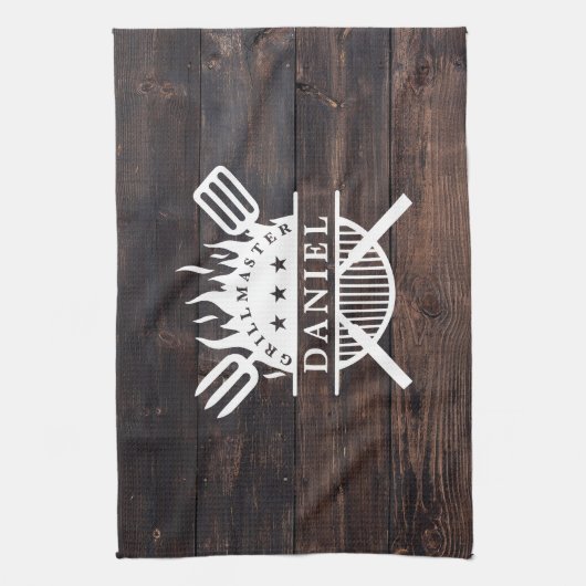 Grillmaster BBQ Rustiek Donker Hout Print Theedoek (Verticaal)