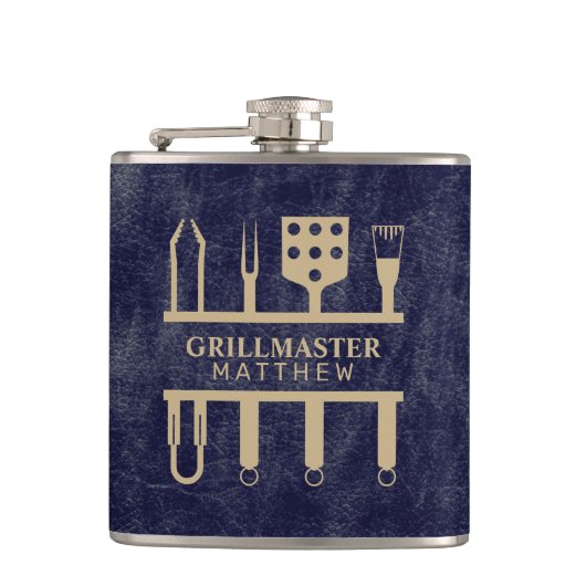 Grillmaster naam navy leer textuur heupfles (Voorkant)