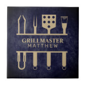 Grillmaster naam Vaderdag navy leer textuur Tegeltje (Voorkant)