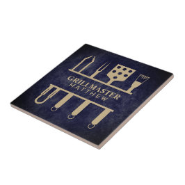 Grillmaster naam Vaderdag navy leer textuur Tegeltje