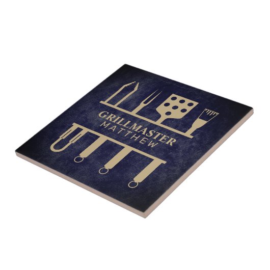 Grillmaster naam Vaderdag navy leer textuur Tegeltje (Zijkant)