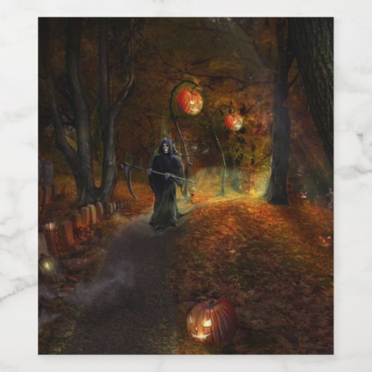 Grim Reaper and pumpkins Wijn Etiket (Enkel label)