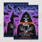 Grim Reaper Bats Sky Halloween Party Kaart (Voorkant / Achterkant)