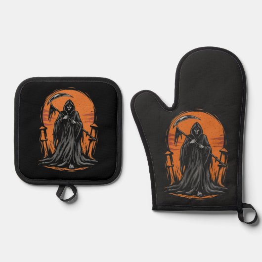 Grim Reaper Cartoon in Sunset Graveyard Ovenwant & Pannenlap Set (Voorkant)