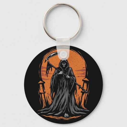 Grim Reaper Cartoon in Sunset Graveyard Sleutelhanger (Voorkant)