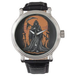 Grim Reaper Cartoon in Zonsondergang Kerkhof Horloge