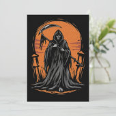 Grim Reaper Cartoon in Zonsondergang Kerkhof Kaart (Staand voorkant)