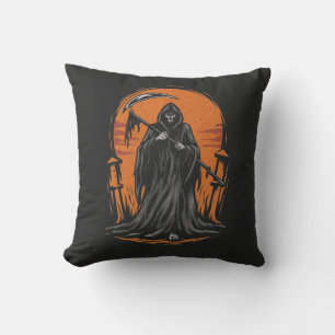 Grim Reaper Cartoon in Zonsondergang Kerkhof Kussen
