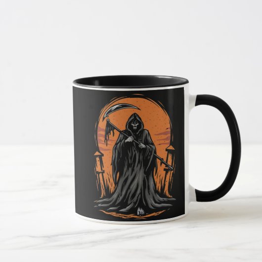 Grim Reaper Cartoon in Zonsondergang Kerkhof Mok (Rechts)
