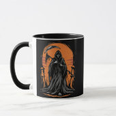 Grim Reaper Cartoon in Zonsondergang Kerkhof Mok (Links)