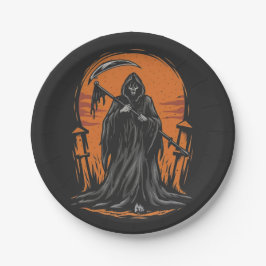 Grim Reaper Cartoon in Zonsondergang Kerkhof Papieren Bordje