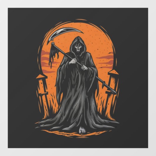 Grim Reaper Cartoon in Zonsondergang Kerkhof Raamsticker (Vel)