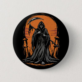 Grim Reaper Cartoon in Zonsondergang Kerkhof Ronde Button 5,7 Cm