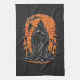 Grim Reaper Cartoon in Zonsondergang Kerkhof Theedoek