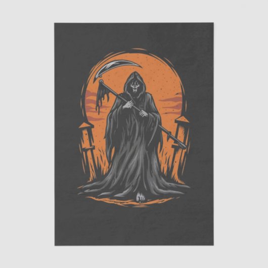 Grim Reaper Cartoon in Zonsondergang Kerkhof Tissuepapier (Voorkant)