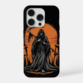 Grim Reaper-cartoons in grafveld bij zonsondergang iPhone 15 Pro Case