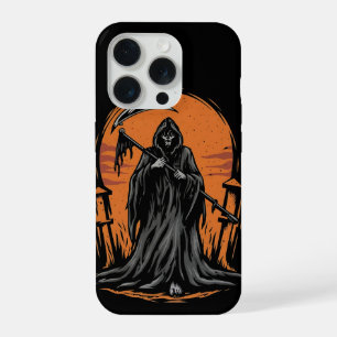 Grim Reaper-cartoons in grafveld bij zonsondergang iPhone 15 Pro Case