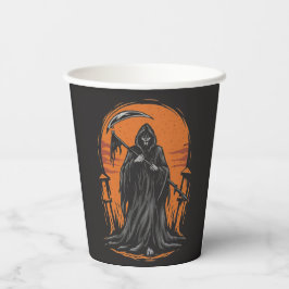 Grim Reaper-cartoons in grafveld bij zonsondergang Papieren Bekers