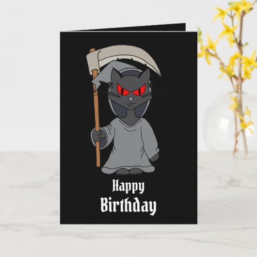 Grim Reaper Cat Funny Gothic Kaart (Gele Bloem)