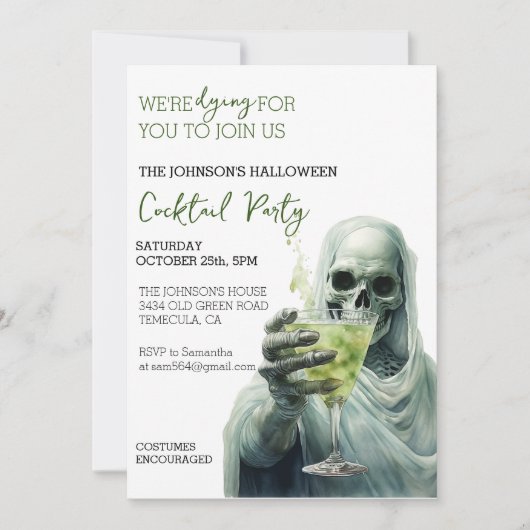 Grim Reaper Cocktail Halloween Feest Watercolor Kaart (Voorkant)