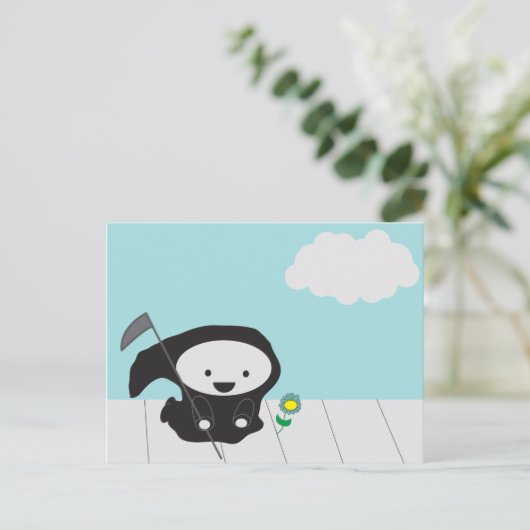 Grim Reaper en Blue Flower Sky Cute Briefkaart (Staand voorkant)