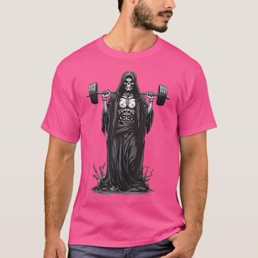 Grim Reaper Grappige Bodybuilder Barbell Deadlift  T-shirt (Voorkant)