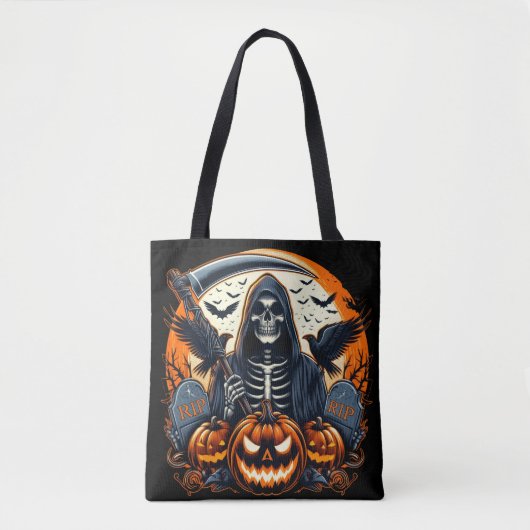 Grim Reaper Graveyard Spooky Pumpkins Halloween Tote Bag (Voorkant)