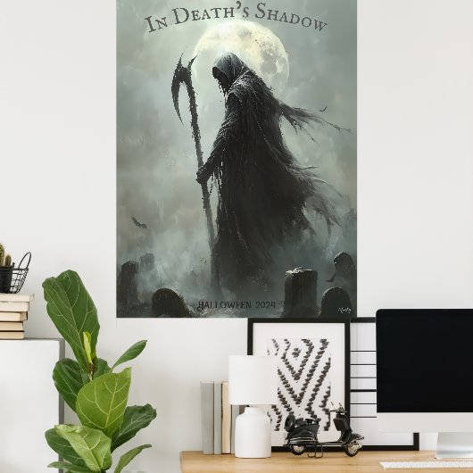 Grim Reaper Halloween met Full Moon Design Poster (Thuiskantoor)