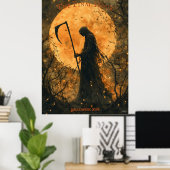 Grim Reaper Halloween met Volle Maan en Scythe Poster (Thuiskantoor)