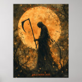 Grim Reaper Halloween met Volle Maan en Scythe Poster (Voorkant)