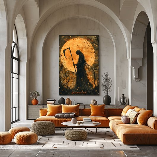 Grim Reaper Halloween met Volle Maan en Scythe Poster