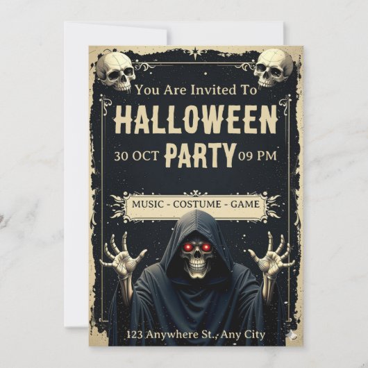 Grim Reaper Halloween Party Invitation Kaart (Voorkant)