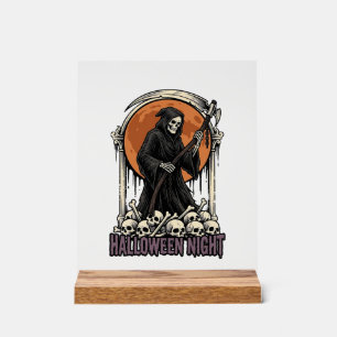 Grim Reaper Halloween Vintage Gravure Witte T-shir Acryl Bord