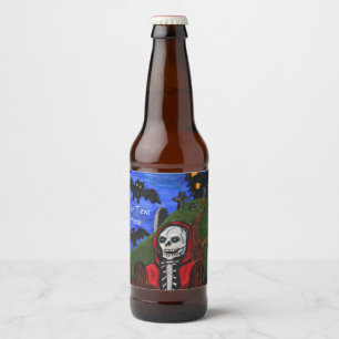 Grim Reaper in Red Cape Black Bats Spooky House Bier Etiket