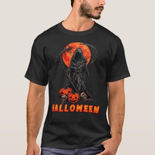 Grim Reaper met Halloween pompoen en volle maan T-shirt (Voorkant)