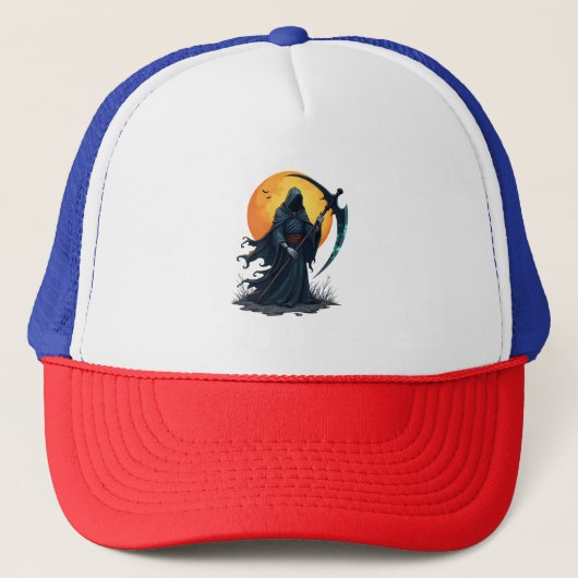 Grim Reaper met Scythe - Enge Halloween Shirt Trucker Pet (Voorkant)