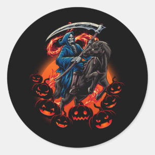 Grim Reaper Paardrijden Dood Reaper Halloween Pu Ronde Sticker