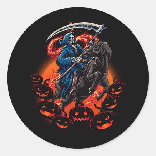 Grim Reaper Paardrijden Dood Reaper Halloween Pu Ronde Sticker (Voorkant)