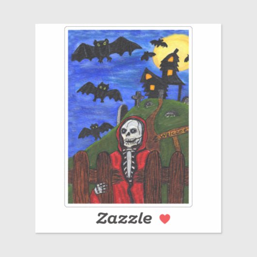 Grim Reaper Red Cape Hauned House Bats Moon Sticker (Vel)