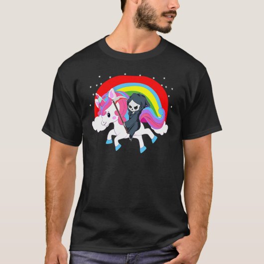 Grim Reaper Riding A Unicorn Rainbow Death Angel H T-shirt (Voorkant)
