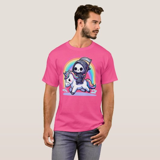 Grim Reaper Rijden Eenhoorn Grappig Regenboog Heav T-shirt (Voorkant volledig)
