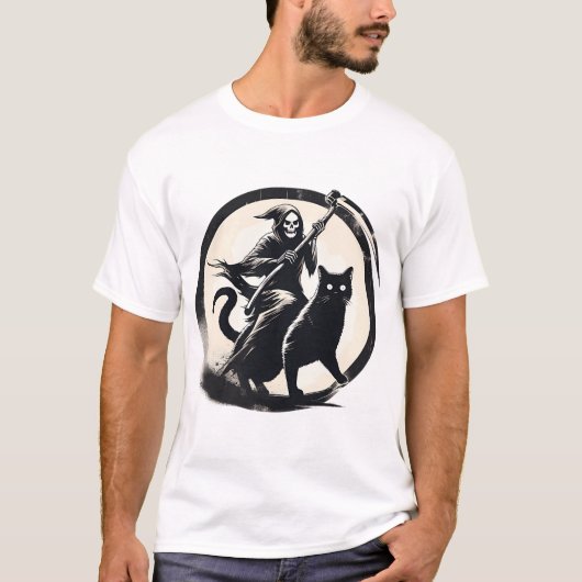 Grim Reaper Rijden Op Black Cat T-shirt (Voorkant)