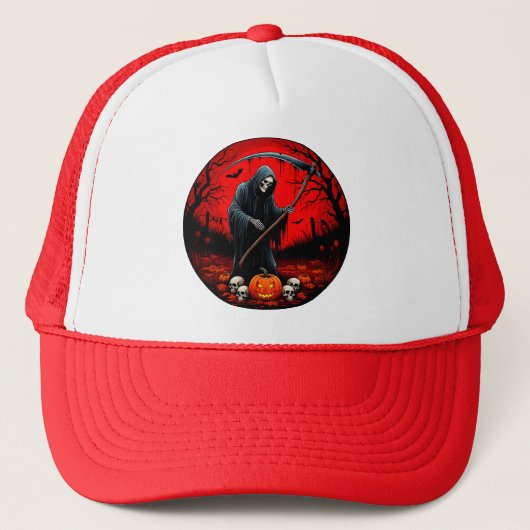 Grim Reaper Scène met Rode Achtergrond Trucker Pet (Voorkant)