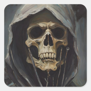 Grim Reaper, Schedel, Dood, Halloween, Horror, Vierkante Sticker